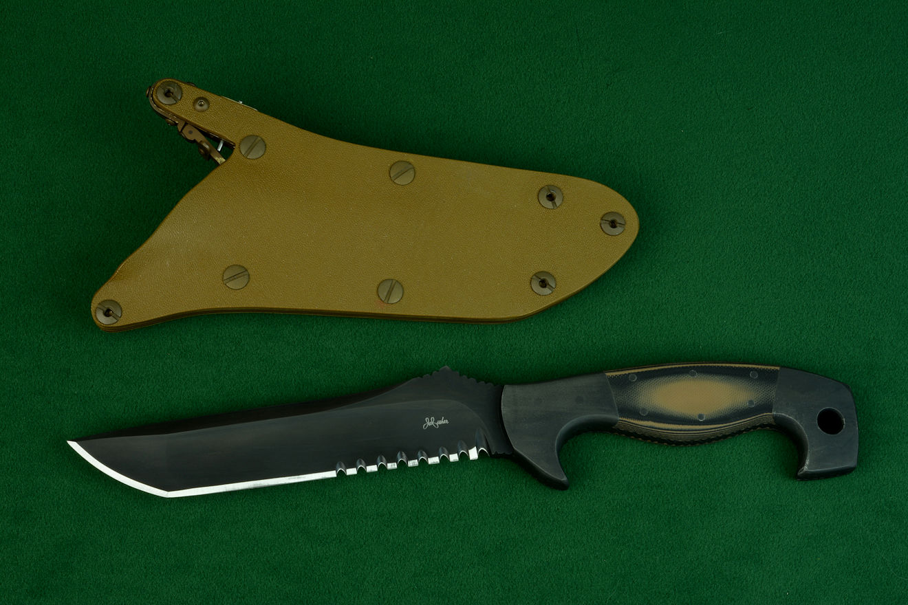 "Arctica" obverse side view in CPM154CM powder metal technology tool steel blade, 304 stainless steel bolsters, Coyote/Black G10 fiberglass/epoxy composite laminate handle, locking kydex, anodized aluminum, stainless steel sheath