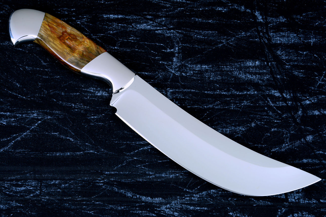 "Courbe Vaste" fine handmade chef's knife, BBQ knife, reverse side view in T3 cyrogenically treated 440C high chromium stainless steel blades, 304 stainless steel bolsters, Caprock petrified wood gemstone handles, Bison (American Buffalo), leather shoulder book case