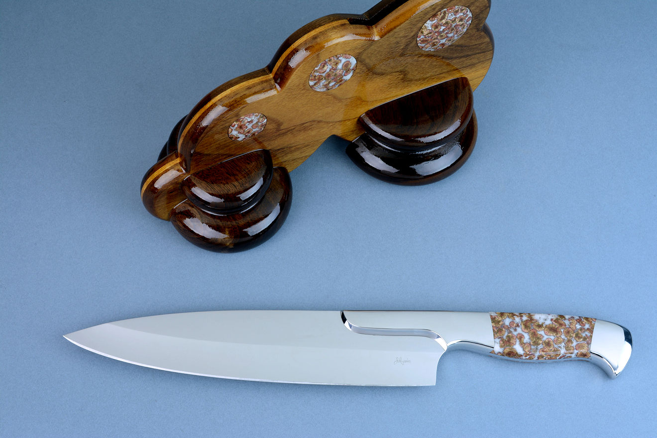 "Concordia" chef's knife, obverse side view in 440C high chromium stainless steel blade, 304 stainless steel bolsters, Poppy Jasper gemstone handle