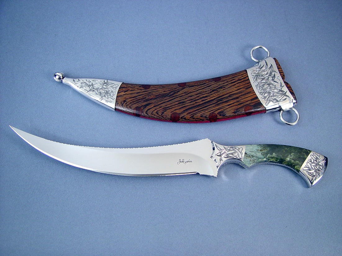 "Desert Wind" Persian dagger in mirror finished 440C stainless steel blade, hand-engraved 304 stainless steel bolsters, Mossy Nephrite Jade gemstone handle, Wenge, Cocobolo, Purpleheart hardwood sheath with hand-engraved 304 stainless steel chape