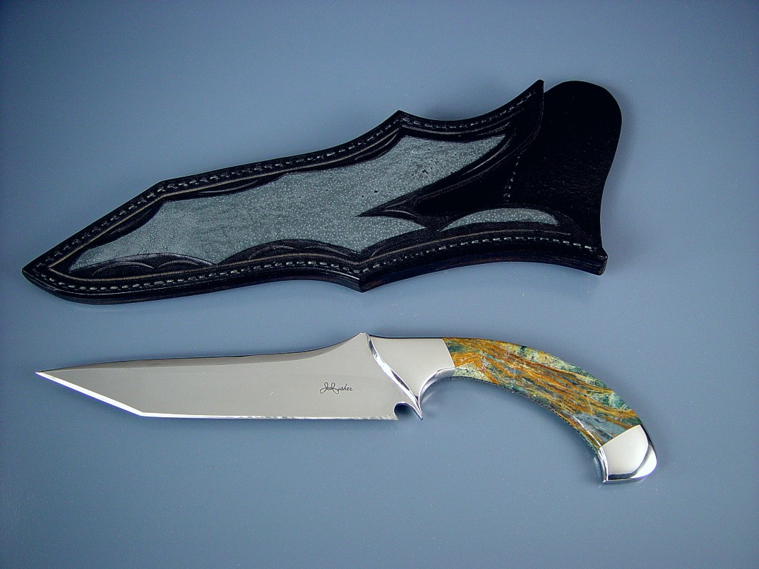 "Dorado" Obverse view. ATS-34 high molybdenum stainless tool steel blade, 304 stainless steel bolsters, Seagrass Jasper Gemstone handle, shark skin inlaid in leather sheath