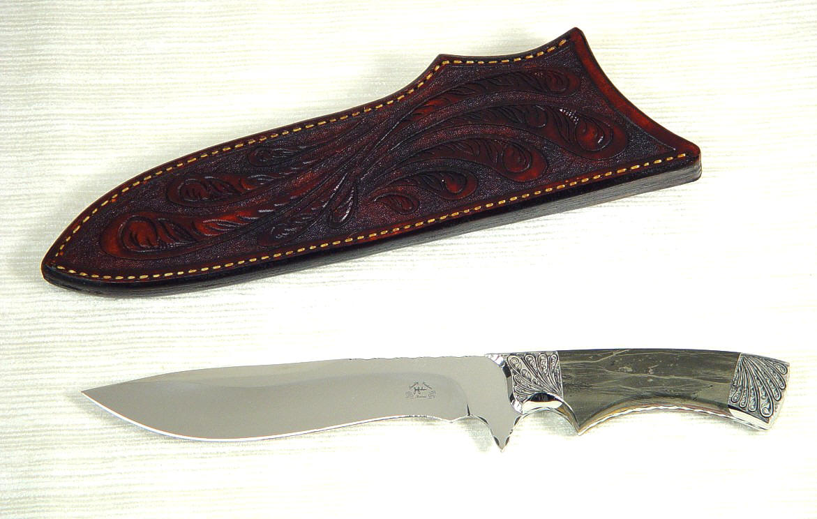 "Golden Eagle" ATS-34 high molybdenum stainless steel blade, hand-engraved 304 stainless steel bolsters, Marcasite and Jasper gemstone handle, hand-carved leather sheath