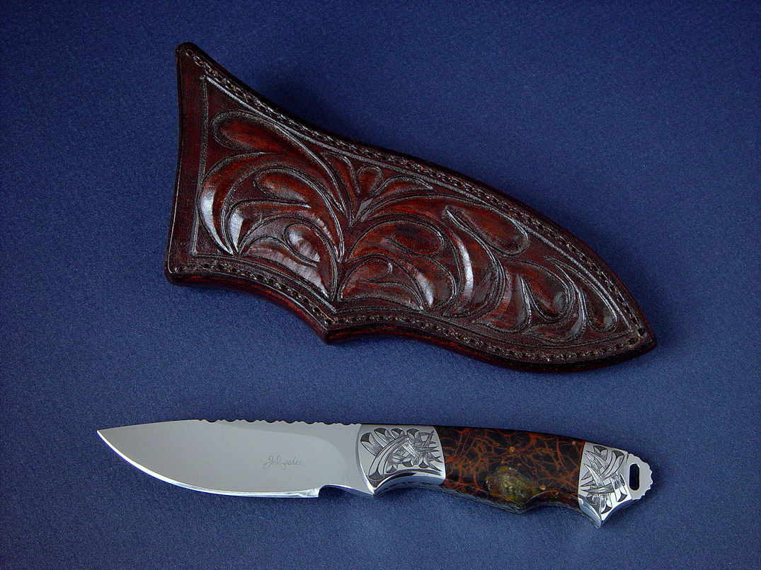 "Grus" obverse side view in 440C high chromium stainless steel blade, hand-engraved 304 stainless steel bolsters, Spiderweb Jasper gemstone handle, hand-carved leather sheath