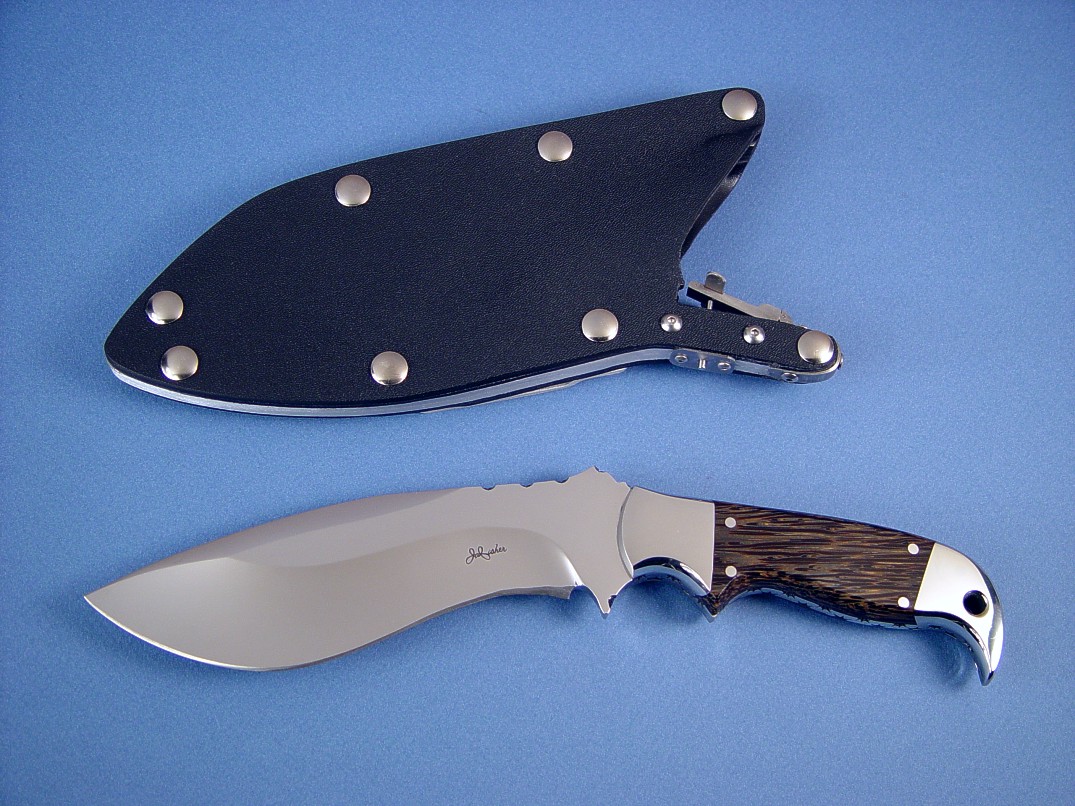 "Hooded Warrior" obverse side view: fine custom tactical, combat knife in ATS-34 stainless steel, 304 stainless steel bolsters, Black Palm Wood hardwood handle, locking kydex, aluminum, stainless steel sheath