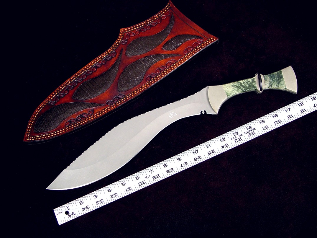 "Maginus-Nasmyth" handmade custom khukri, obverse side view in bead blasted 440C stainless steel blade, nickel silver bolsters, Nephrite Jade gemstone, African Blackwood handle, faux lizard skin inlaid in hand-carved leather sheath