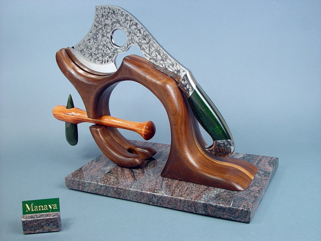 "Manaya" hatchet sculpture in hand-engraved ATS-34 high molybdenum stainless steel blade, 304 stainless steel bolsters, Nephrite Jade, Green Goldstone gemstone handle, stand of Walnut, Oak, Tulipwood, Jade, Migmatite Granite