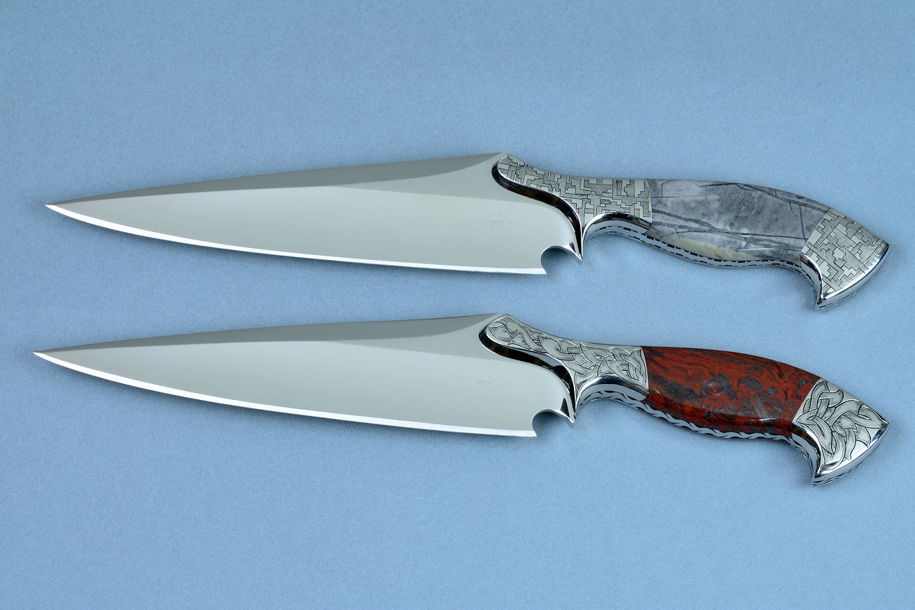 "Mesabi" and "Toroweap" custom knife sculpture in 440C high chromium martensitic stainless steel blades, hand-engraved 304 stainless steel bolsters, Picasso Marble gemstone and Fossil Stromatolite gemstone handles, stands in cast bronze and ziricote hardwood, brass