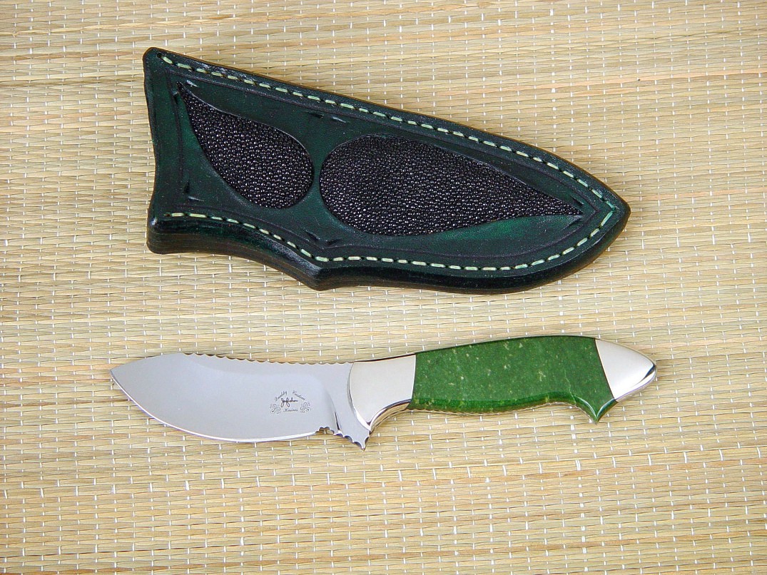 "Pherkad", obverse side view in ATS-34 high molybdenum stainless tool steel blade, nickel silver bolsters, Siberian Jade gemstone handle, rayskin inlaid leather sheath