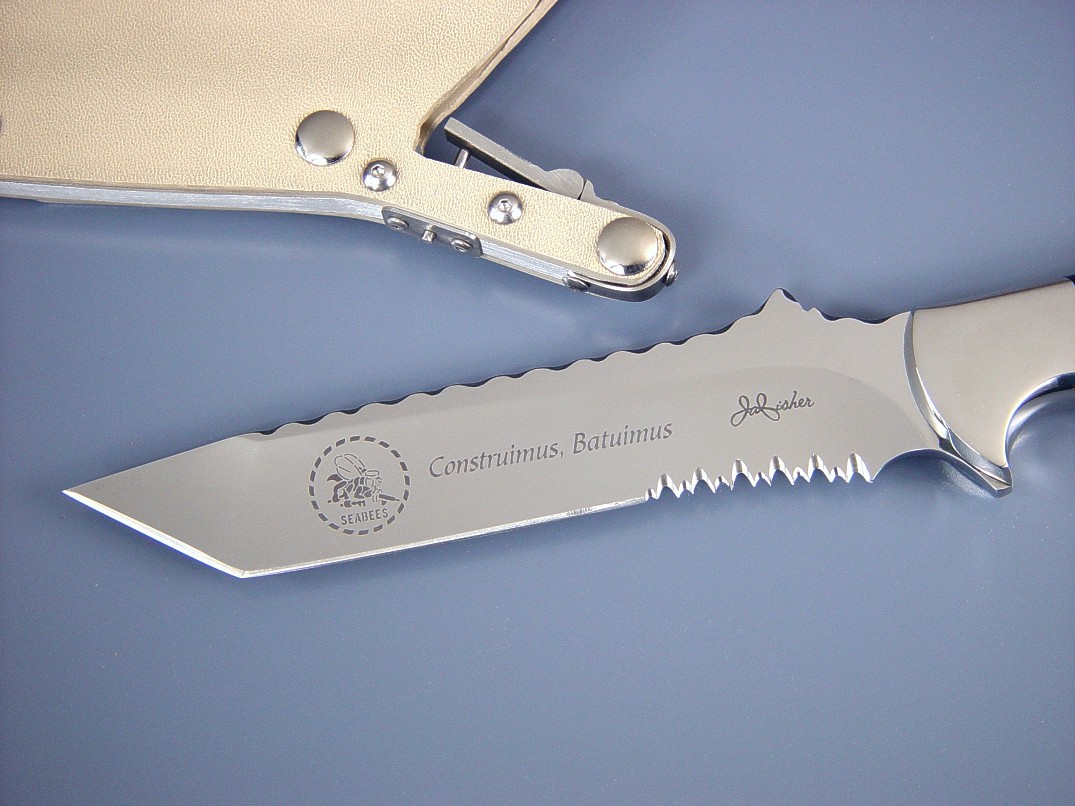 "Seabee" Obverse view. ATS-34 high molybdenum stainless steel blade, 304 stainless steel bolsters, canvas micarta phenolic handle, locking kydex, aluminum stainless steel, nickel plated steel sheath