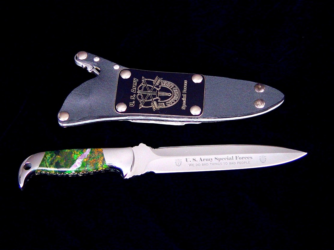 "Treatymaker LT" in ATS-34 high molybdenum stainless steel blade, 304 stainless steel bolsters, Budstone (Verdite) gemstone handle, locking kydex, aluminum, blued steel sheath