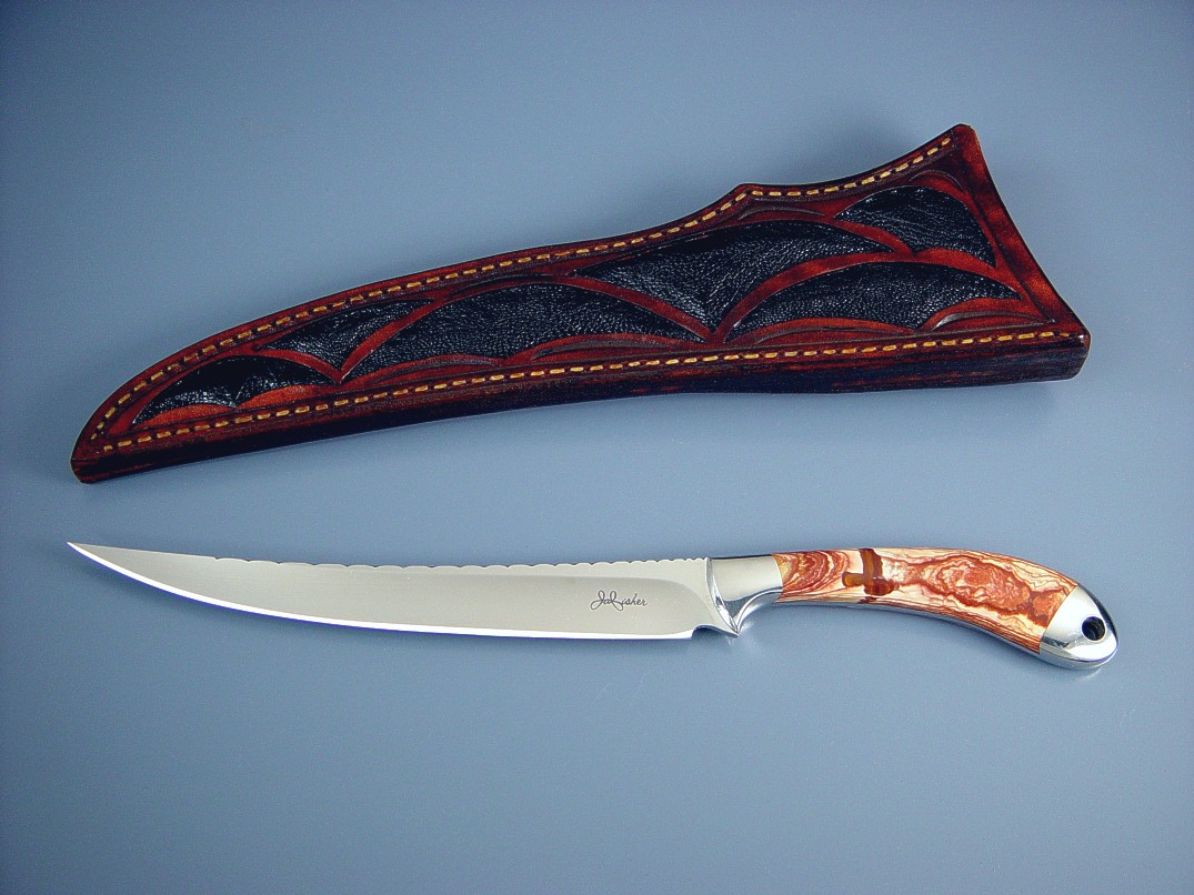 "Volans" fillet, boning knife: 440C high chromium stainless steel blade, 304 stainless steel bolsters, Antelope Jasper gemstone handle, emu skin inlaid in hand-carved leather sheath