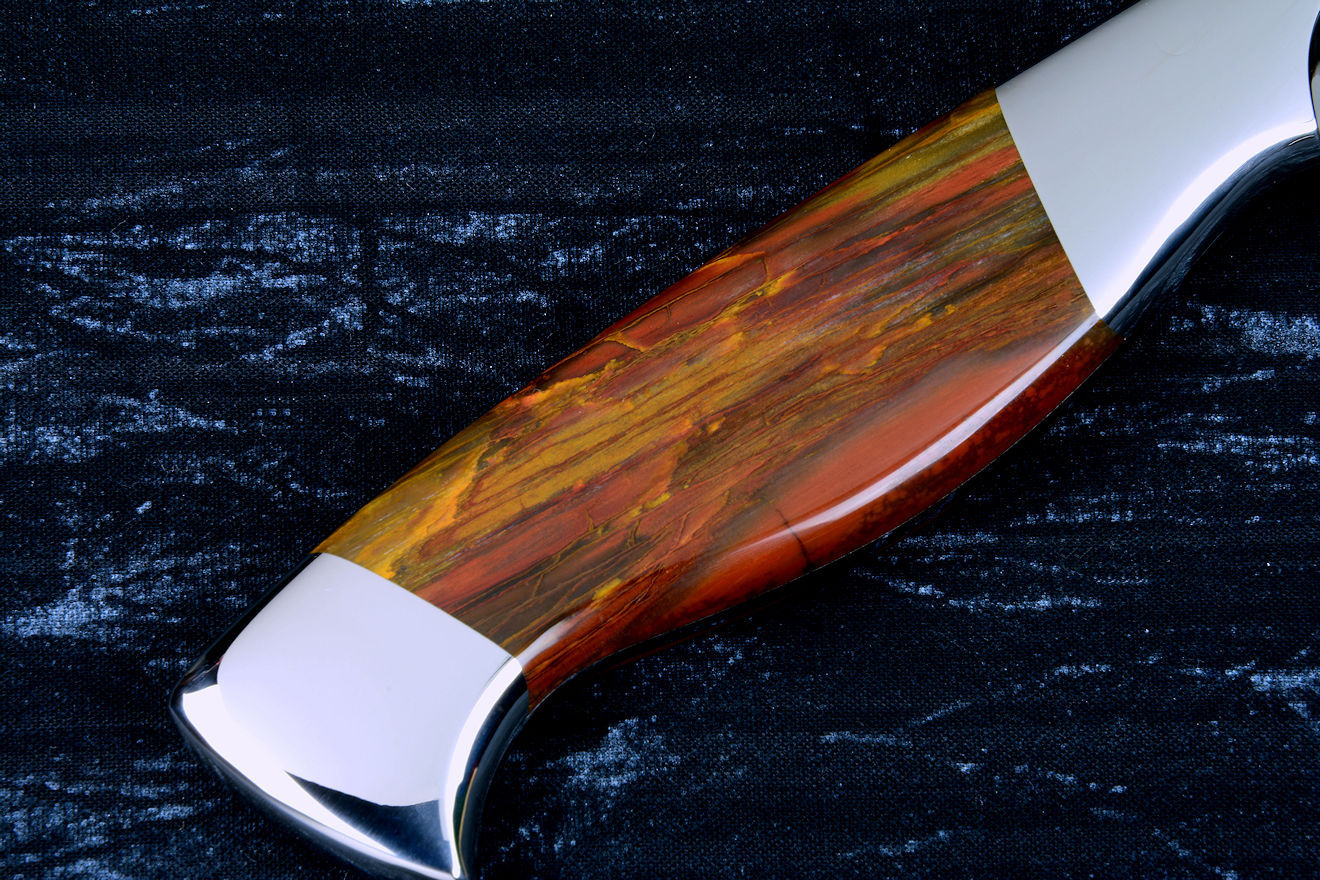 "Bordeaux" fine handmade chef's knives, BBQ knives, reverse side view in T3 cyrogenically treated 440C high chromium stainless steel blades, 304 stainless steel bolsters, Caprock petrified wood gemstone handles, Bison (American Buffalo), leather shoulder book case