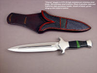 "Charax" dagger in ATS-34 high molybdenum stainless steel blade, 304 stainless steel bolsters, Australian Black Jade, California Jade gemstone handle, stingray skin inlaid in hand-carved leather sheath