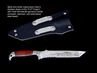 "PJLT Dragon" obverse side view in hand-engraved 440C high chromium stainless steel blade, hand-engraved 304 stainless steel bolsters, Fossilized Stromatolite Gemstone handle, kydex, aluminum, nickel plated steel sheath