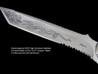 "PJLT Dragon" obverse side view in hand-engraved 440C high chromium stainless steel blade, hand-engraved 304 stainless steel bolsters, Fossilized Stromatolite Gemstone handle, kydex, aluminum, nickel plated steel sheath