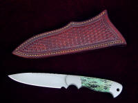 "Altair" obverse side view in CPMS30V high vanadium stainless steel blade, 304 stainless steel bolsters, green zebra jasper gemstone handle, brown basketweave leather sheath