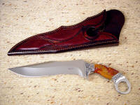 Argiope in 440C stainless steel blade, 304 stainless steel bolsters, Polvadera Jasper gemstone handle, Ostrich Leg skin sheath