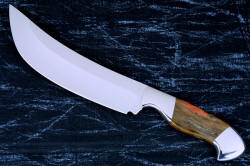 "Courbe Vaste" fine handmade chef's knife, BBQ knife, obverse side view in T3 cyrogenically treated 440C high chromium stainless steel blades, 304 stainless steel bolsters, Caprock petrified wood gemstone handles, Bison (American Buffalo), leather shoulder book case