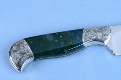 Reverse side handle detail of "Tsih" (Cassiopeia chef's set) Slicing, boning, fillet  knife in T3 cryogenically treated 440C high chromium stainless steel blade, hand-engraved 304 stainless steel bolsters, Indian Green Moss Agate gemstone handle