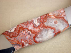 "Cygnus-Horrocks" reverse side gemstone handle detail. Note crystaline structures in agate knife handle.