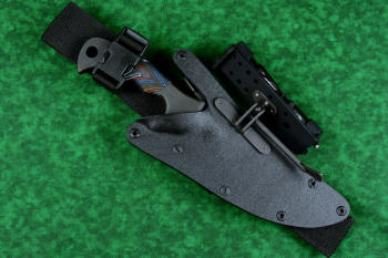 "Ghroth" tactical, counterterrorism, survival knife, sheathed view ith UBLX and HULA accessories in T4 cryogenically treated CPM154 CM powder metal technology high molybdenum stainless steel blade, 304 stainless steel bolsters, multicolored G10 fiberglass/epoxy composite laminate handle, positively locking sheath in kydex, anodized aluminum, anodized titanium, black oxide stainless steel