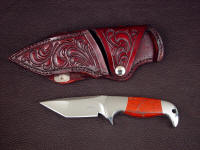 "Last Chance Light," obverse side view in 440C high chromium stainless steel blade, 304 stainless steel bolsters, Australian Snakeskin Jasper gemstone handle, hand-carved leather horizontal belt sheath