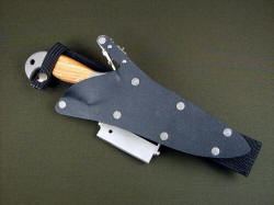 "Macha Navigator" with ultimate belt loop extender and accessories. Screws in sheath are stainless steel Chicago screws