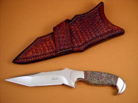 "Mercury Magnum" 440C high chromium stainless steel blade, 304 stainless steel bolsters, Red Leopard Skin Jasper gemstone handle, hand-tooled basketweave crossdraw leather sheath