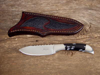 "Mule" 440C high chromium stainless steel blade, 304 stainless steel bolsters, Snowflake Obsidian gemstone handle, black rayskin inlaid in hand-carved leather sheath