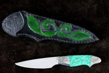 "Nihal" obverse side view in 440C high chromium stainless steel blade, hand-engraved 304 stainless steel bolsters, Amazonite gemstone handle, hand-carved, hand-dyed leather sheath