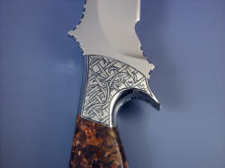 "Phobos" reverse side front knife bolster hand-engraving detail.