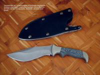 "Hooded Warrior" sniper's custom combat knife, obverse side view in ATS-34 high molybdenum stainless steel blade, nickel silver bolsters, canvas micarta phenolic handle, locking kydex, aluminum, stainless steel sheath