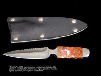 "The Kid" obverse side view; 440C high chromium stainless steel blade, 304 stainless steel bolsters, Rio Grande Agate gemstone handle, kydex, aluminum, steel tension sheath