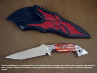 "Mercurius Magnum" Tactical Art Knife, obverse side view: 440C high chromium stainless tool steel blade, hand-engraved 304 stainless steel bolsters, Australian Snakeskin Jasper gemstone handle, red stingray skin inlaid in hand-carved leather sheath