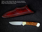 "Mirach" obverse side view in satin finished 440C high chromium stainless steel blade, brass bolsters, African Sandalwood hardwood handle, hand-tooled leather sheath