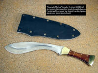 "Nasmyth-Marius" khukri, obverse side view in satin finished 440C high chromium stainless steel blade, brass bolsters, Honduras Rosewood hardwood handle, kydex, aluminum, steel sheath