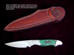 "Nihal" obverse side view in CPMS60V high vanadium tool steel blade, 304 stainless steel bolsters, green, black canvas reinforced micarta handle, basketweave leather sheath