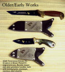 Older, early Pararescue knives, both with nitrate cobalt blued steel blades with nickel, gold electroplate in O1 high carbon tungsten-vanadium alloy tool steel, hand-engraved brass bolsters, banded Jasper/hematite, British Colombian Jade gemstone handles, locking kydex, aluminum, stainless steel sheaths with etched nickel silver flashplates