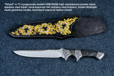 "Patriot" obverse side view in CPM154CM high molybdenum powder metal technology martensitic stainless steel blade, hand-engraved 304 stainless steel bolsters, Golden Midnight Agate gemstone handle, hand-dyed engraved leather sheath