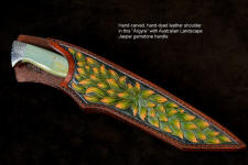 "Argyre" in 440C high chromium stainless steel blade, 304 stainless steel hand-engraved bolsters, Australian Landscape Jasper gemstone handle, hand-carved, hand-dyed leather sheath