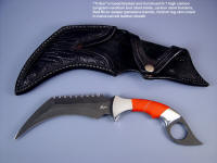 "Triton" kerambit, obverse side view: O-1 high carbon tool steel blade, carbon steel bolsters, Red River Jasper gemstone handle, ostrich leg skin inlaid in hand-carved leather sheath